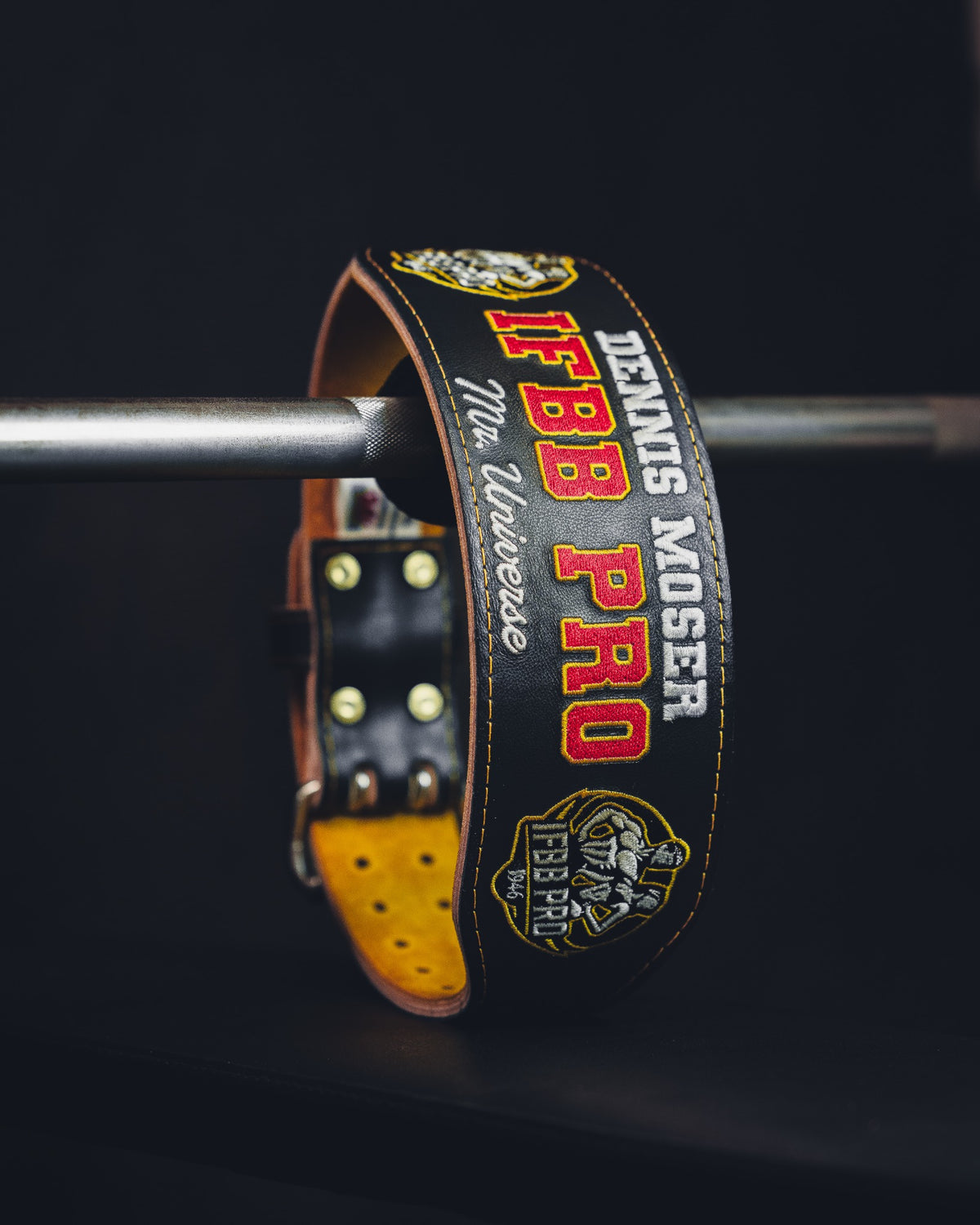 Black ModiFit IFBB PRO embroidered weightlifting belt with yellow suede